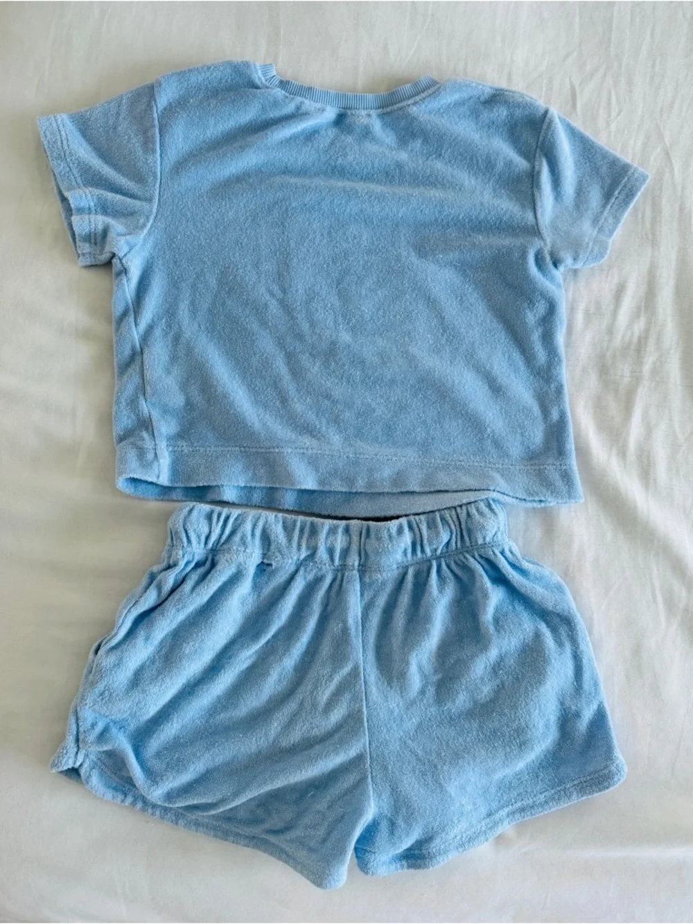 H&M x SmileyWorld Terry Crop Top Shorts Set Girls Sz 4-5 Blue Graphic Tee Smile